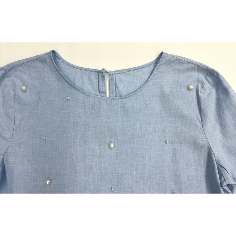 Sky Blue 3/4 Sleeve Faux Pearl Blouse - Picture 9 of 15